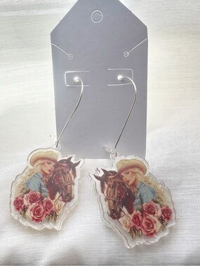 Cowgirl & Horse Rose Statement Earrings Retro Country Western Boho - New